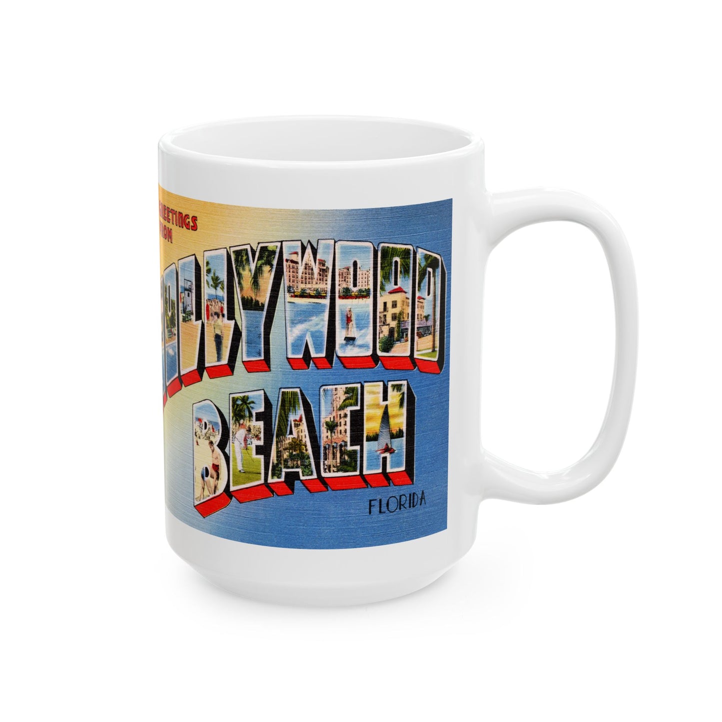 Memebly Retro Greetings from Hollywood Beach FL Florida Coffee Mug