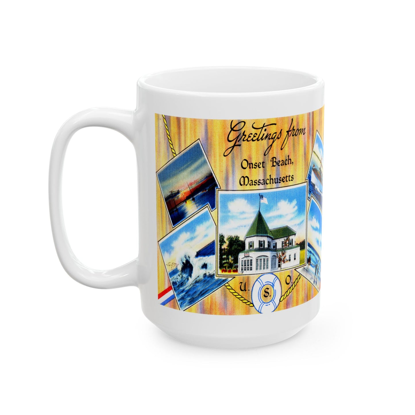 Memebly vintage Greetings from Onset Beach MA Massachusetts Coffee Mug