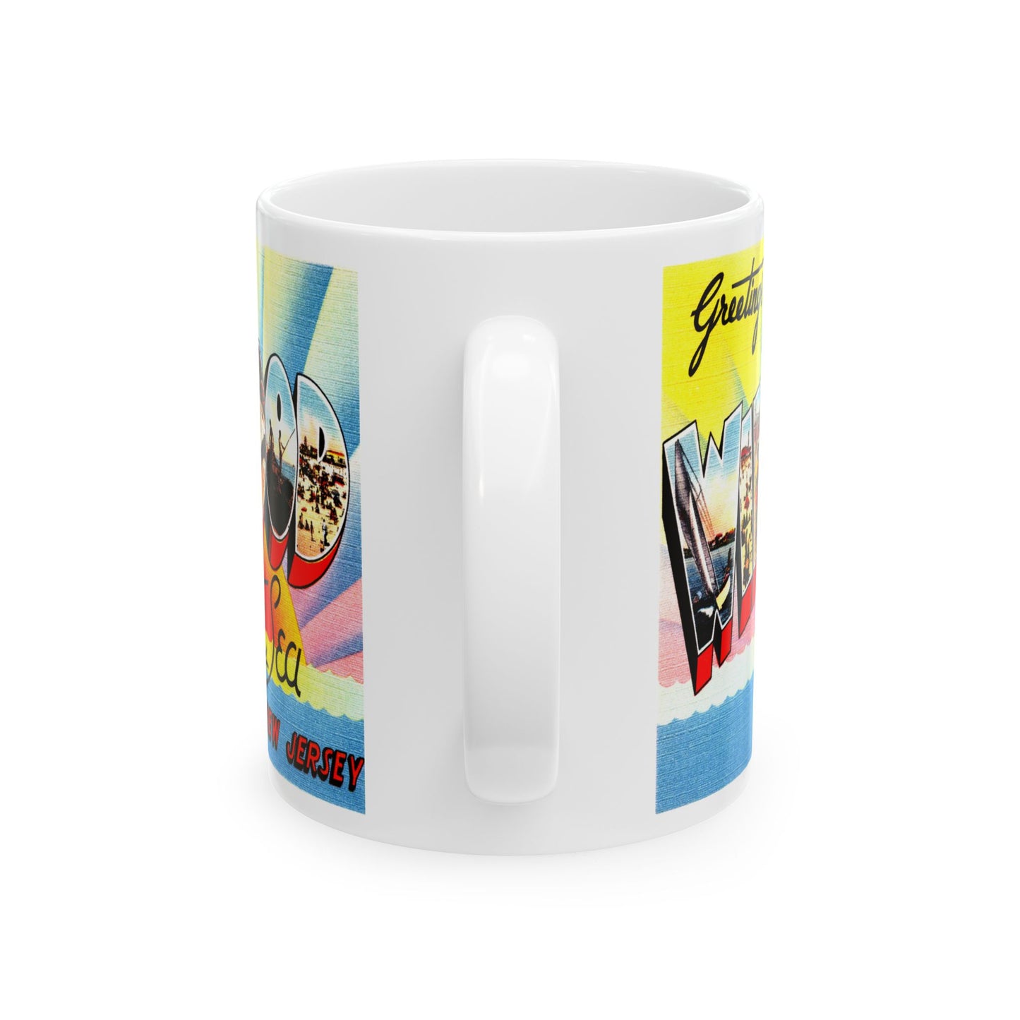 Memebly Colorful Retro Greetings from Wildwood by the Sea NJ New Jersey Coffee Mug