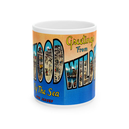 Memebly Scenic Colorful Greetings from Wildwood by the Sea NJ New Jersey Coffee Mug