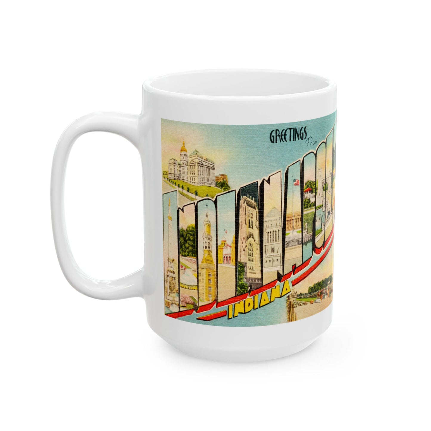 Memebly  Retro Buildings Greetings from Indianapolis IN Indiana Coffee Mug