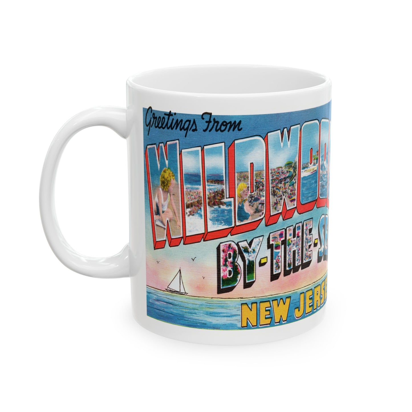 Memebly Scenic Vintage Sailboat Greetings from Wildwood by the Sea NJ New Jersey Coffee Mug