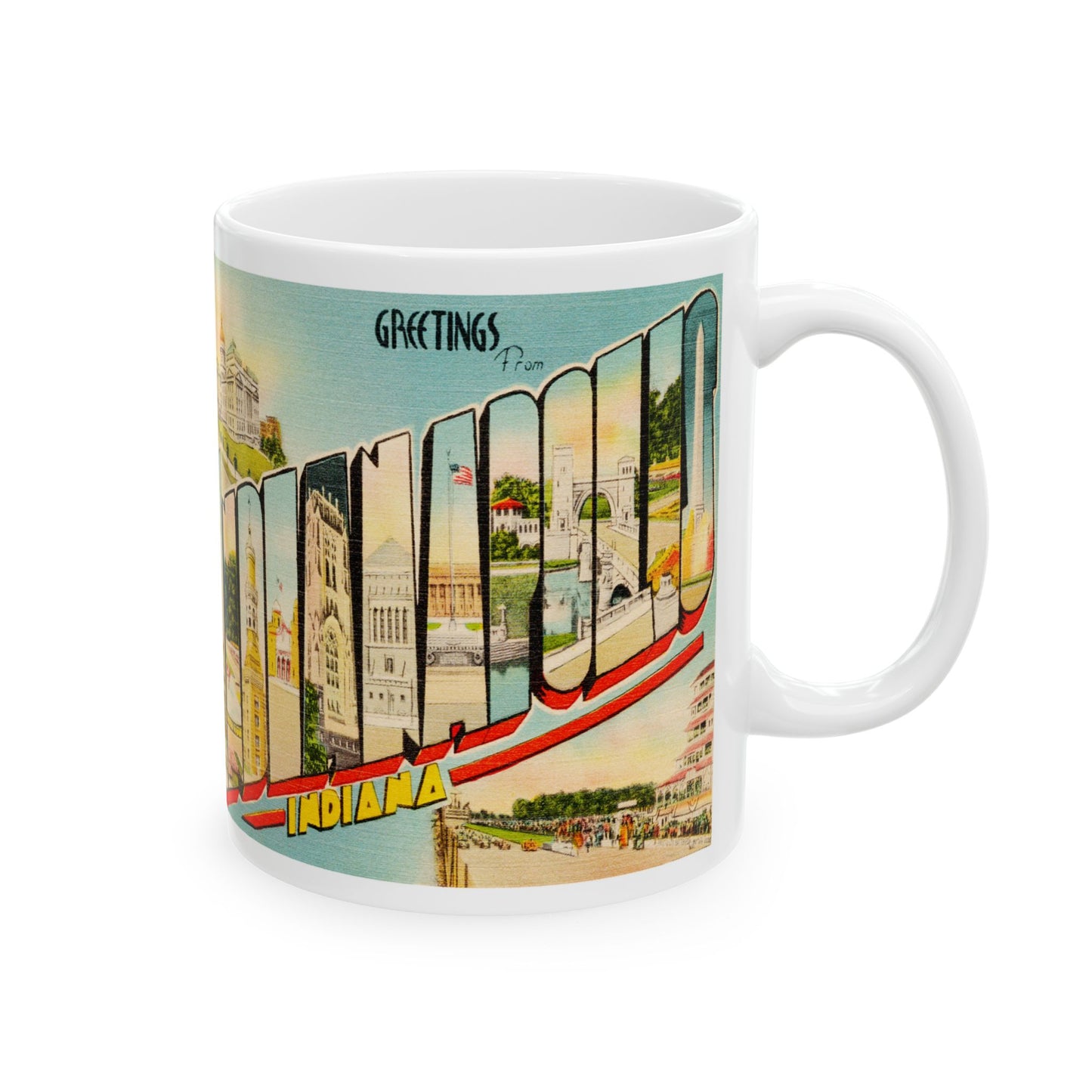 Memebly  Retro Buildings Greetings from Indianapolis IN Indiana Coffee Mug