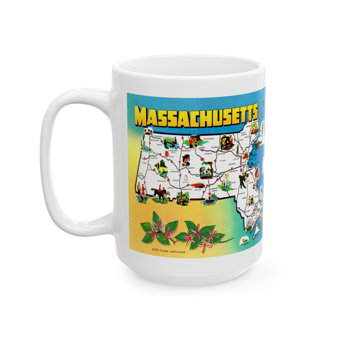 Memebly Vintage Greetings from Massachusetts MA The Bay State Map Coffee Mug