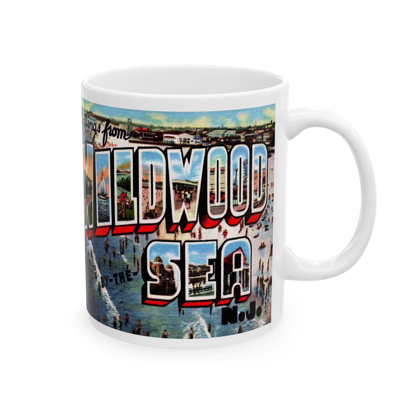 Memebly Scenic Vintage Beach Greetings from Wildwood by the Sea NJ New Jersey Coffee Mug