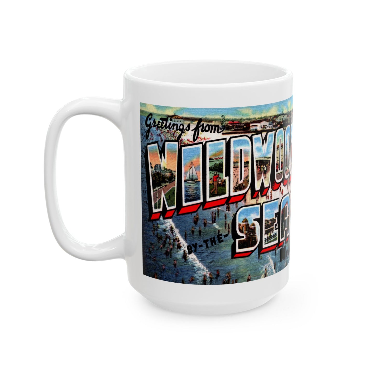 Memebly Scenic Vintage Beach Greetings from Wildwood by the Sea NJ New Jersey Coffee Mug