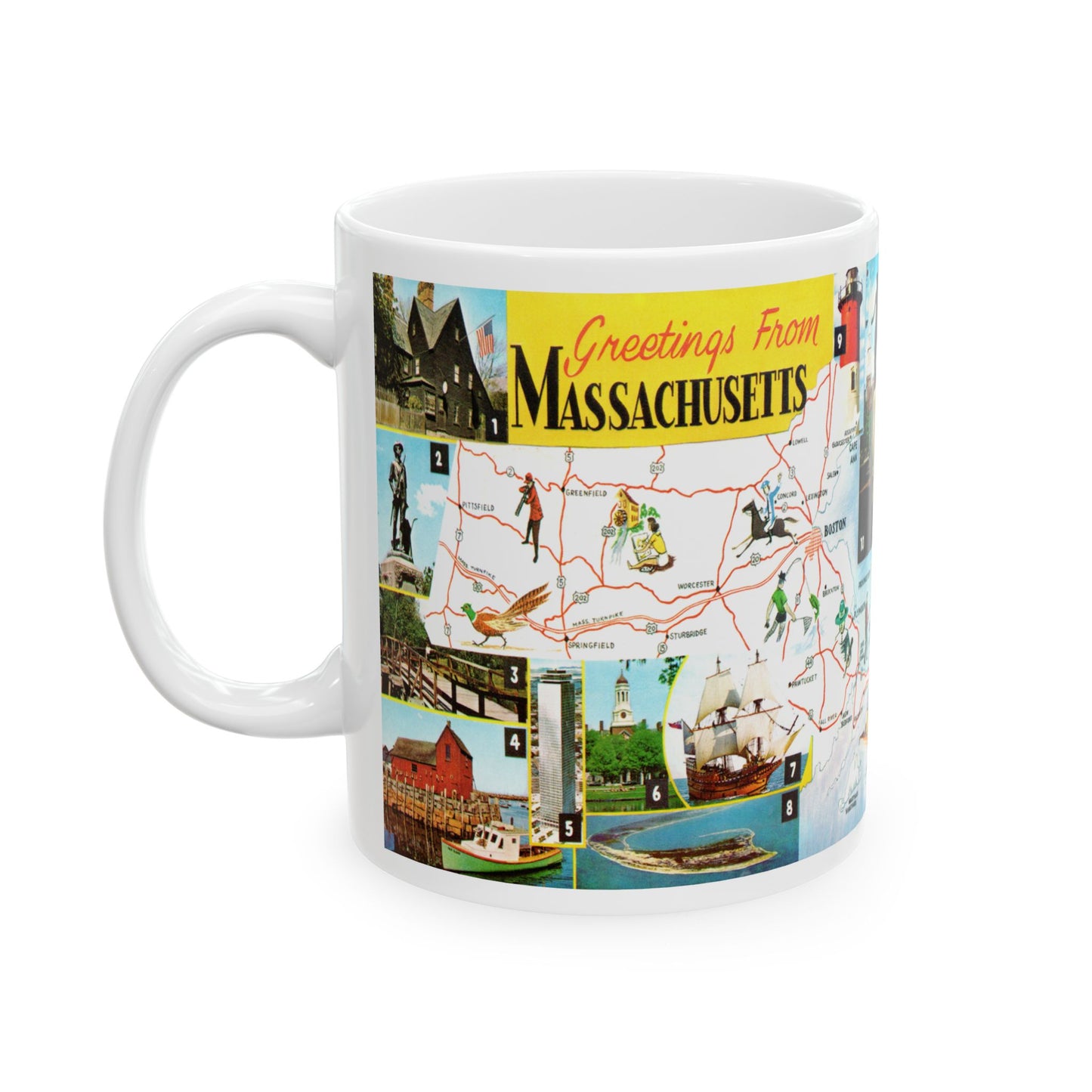 Memebly Vintage Greetings from Massachusetts MA Map Coffee Mug