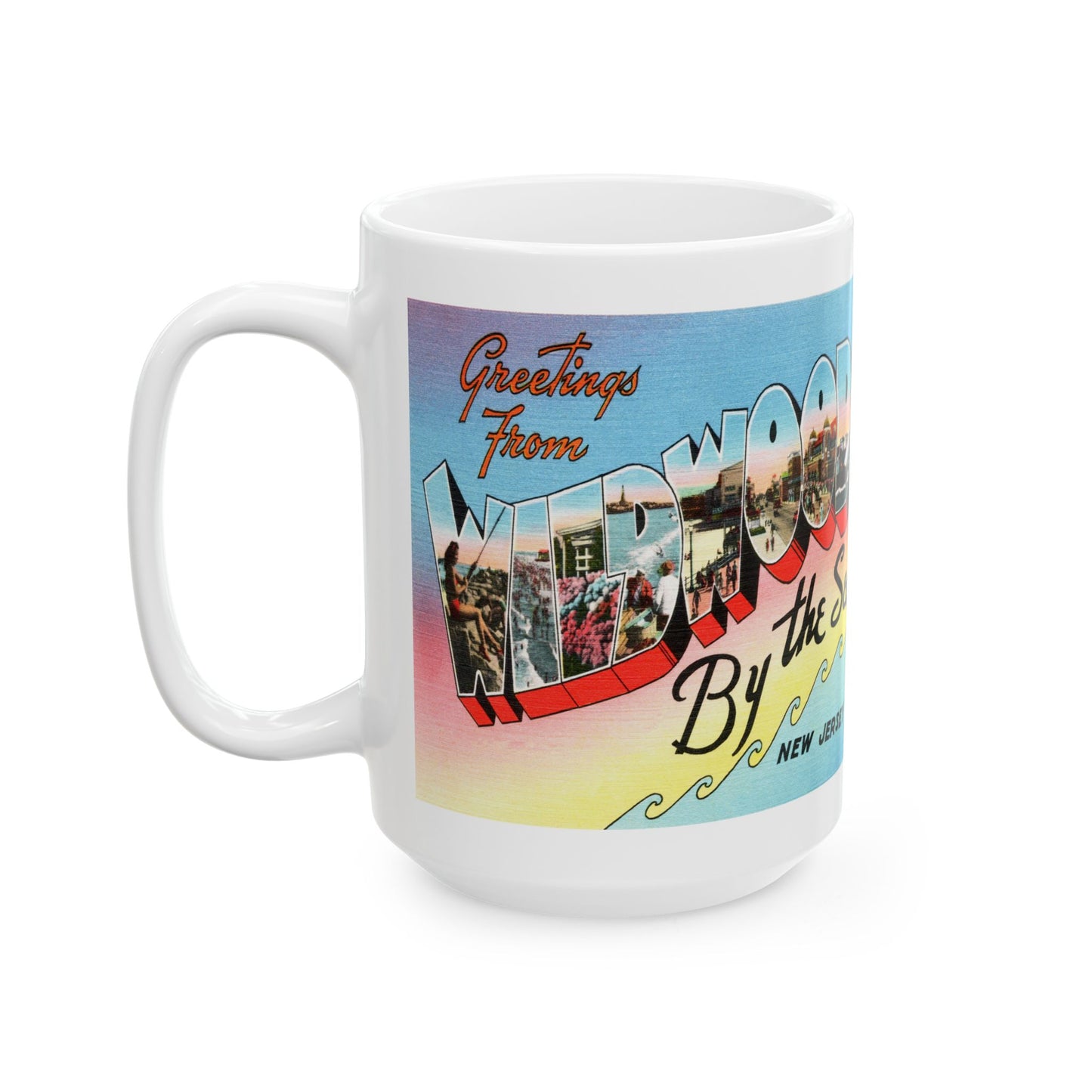 Memebly Vintage Waves Greetings from Wildwood by the Sea NJ New Jersey Coffee Mug