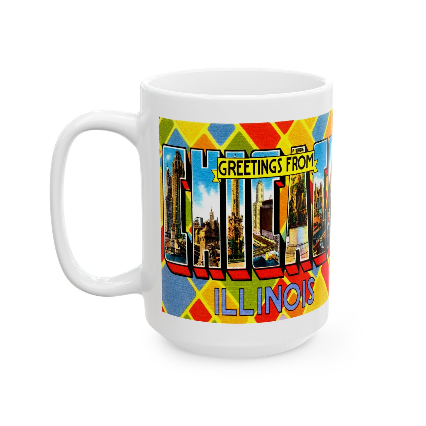 Memebly Colorful Scenic Greetings from Chicago IL Coffee Mug