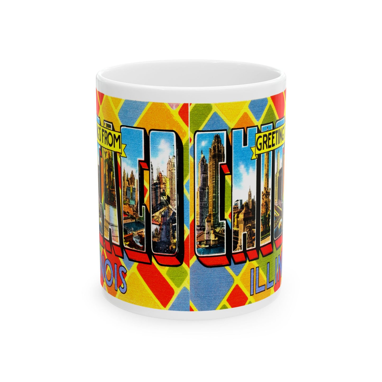 Memebly Colorful Scenic Greetings from Chicago IL Coffee Mug