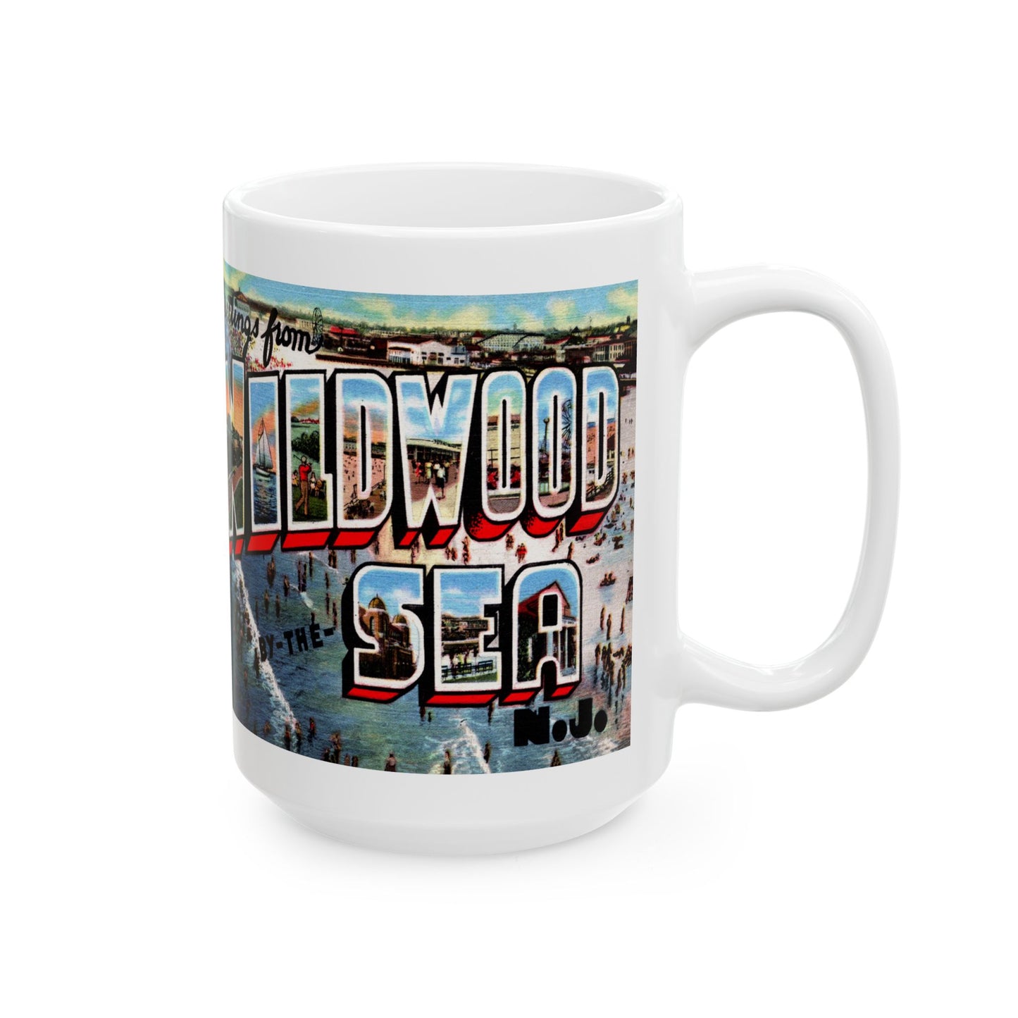 Memebly Scenic Vintage Beach Greetings from Wildwood by the Sea NJ New Jersey Coffee Mug