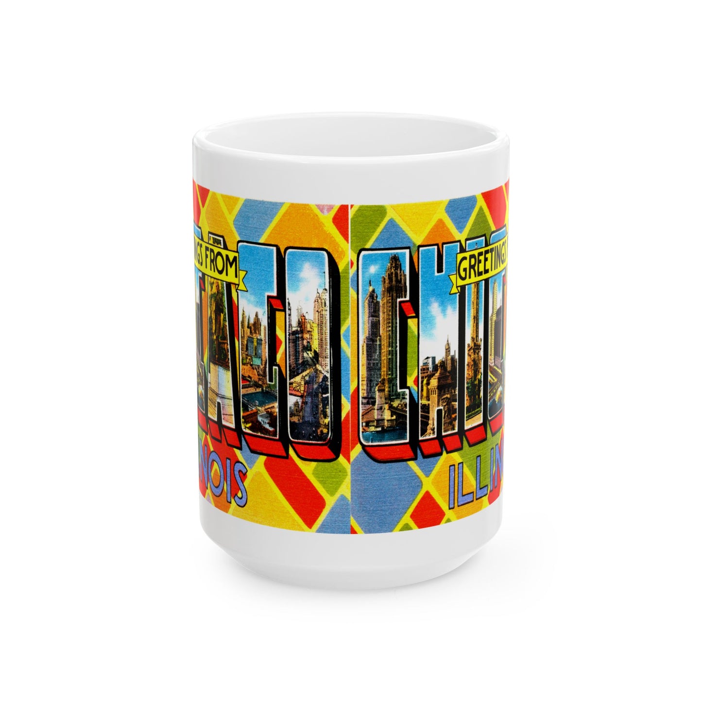 Memebly Colorful Scenic Greetings from Chicago IL Coffee Mug