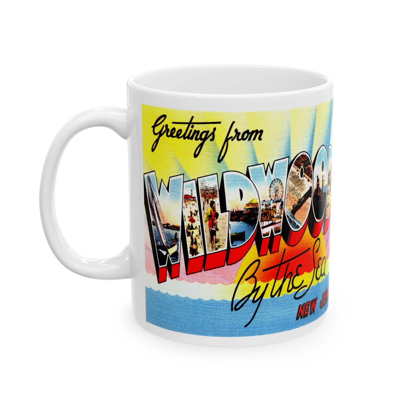 Memebly Colorful Retro Greetings from Wildwood by the Sea NJ New Jersey Coffee Mug