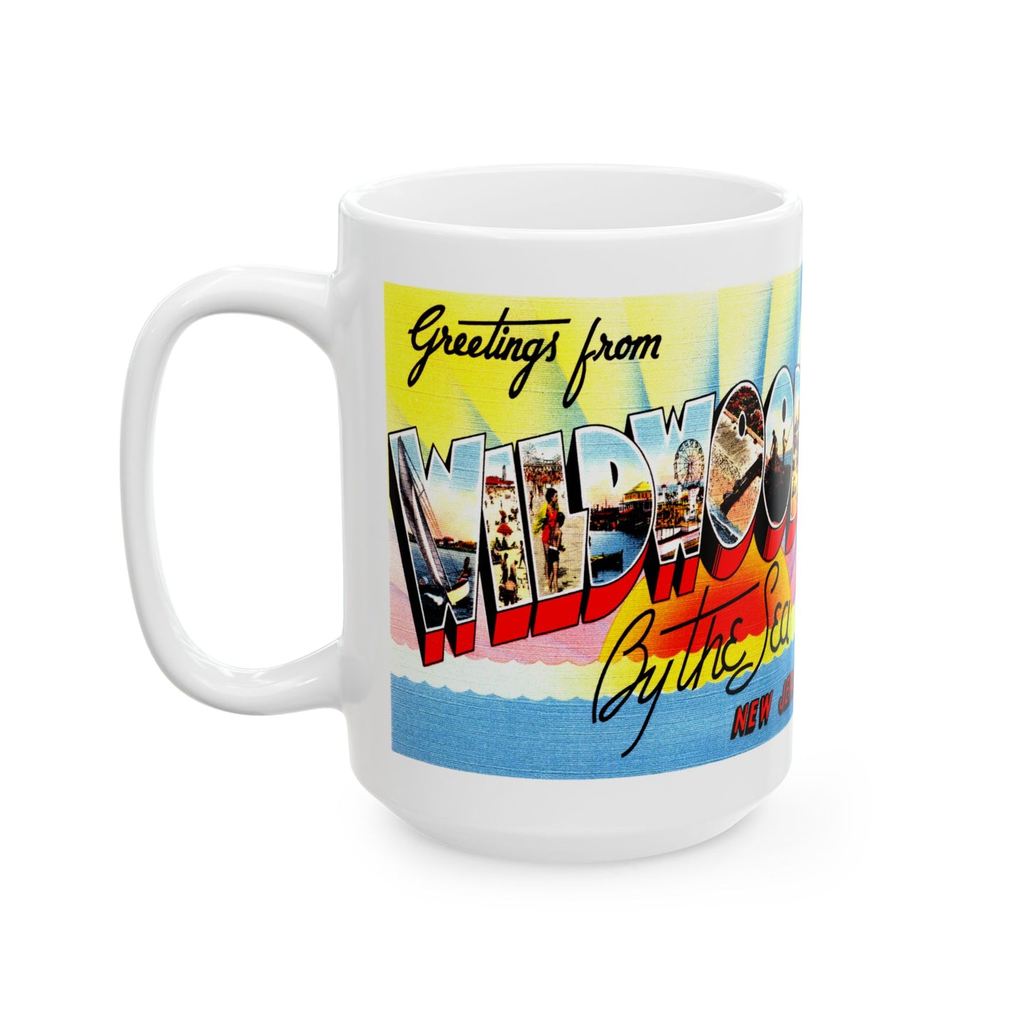 Memebly Colorful Retro Greetings from Wildwood by the Sea NJ New Jersey Coffee Mug