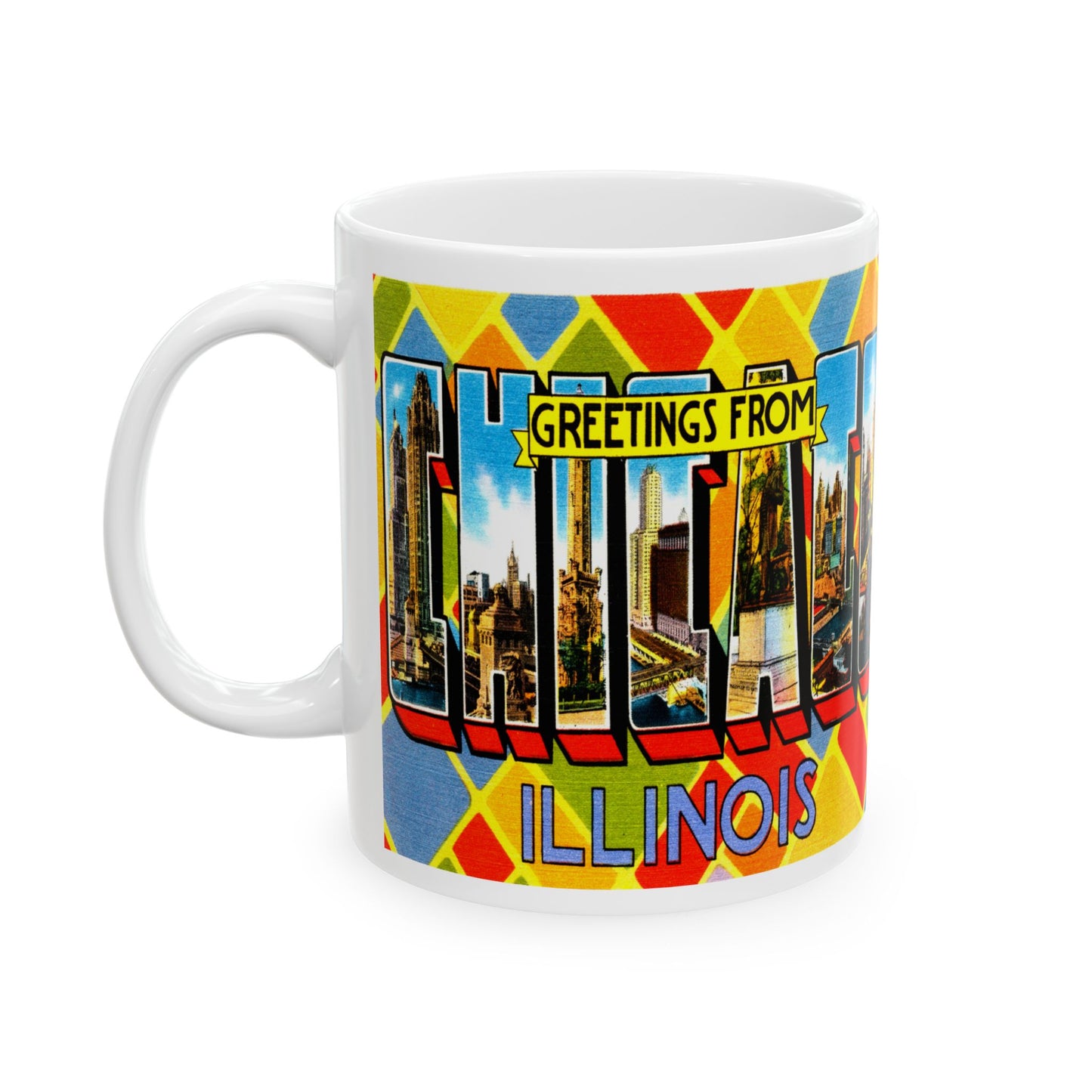 Memebly Colorful Scenic Greetings from Chicago IL Coffee Mug