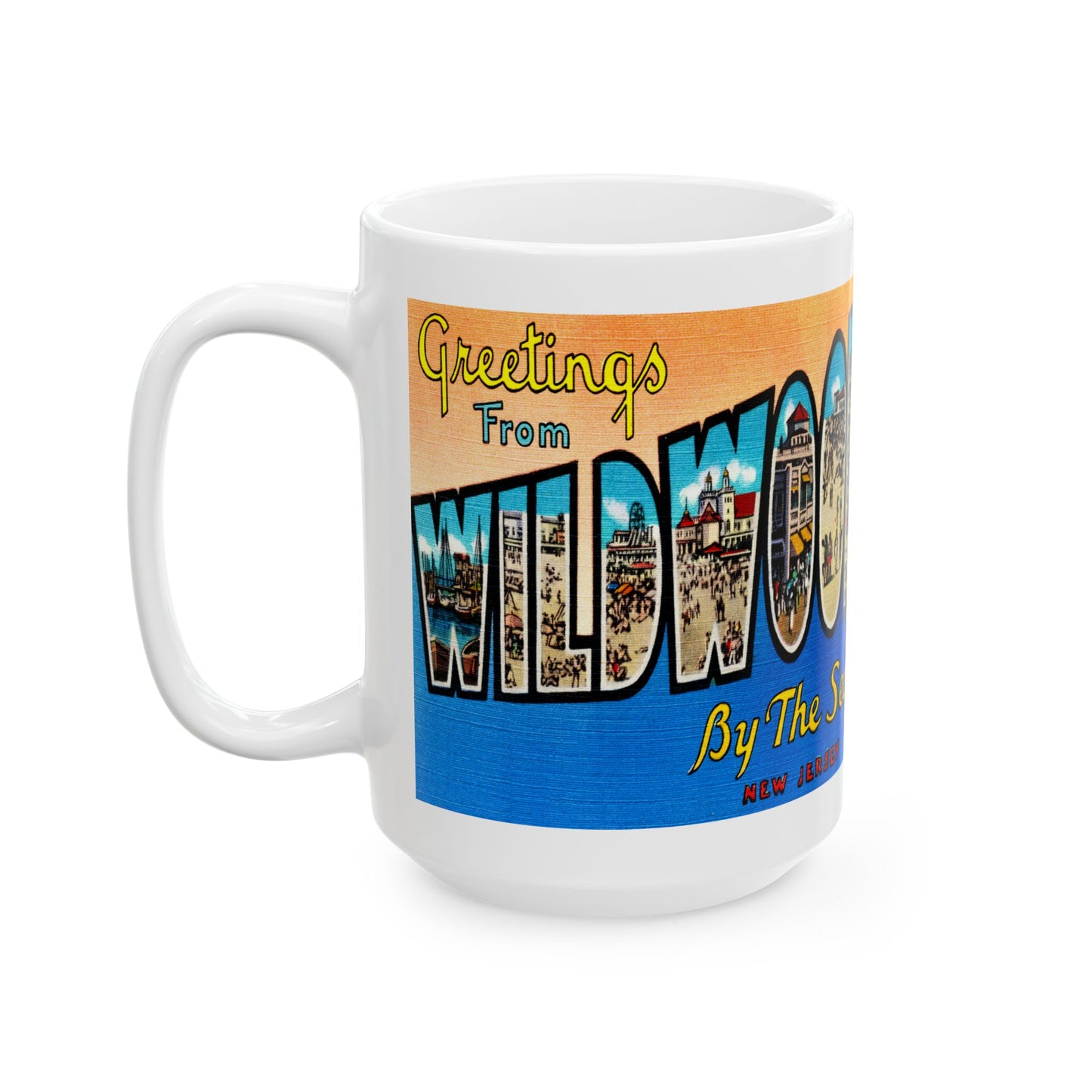 Memebly Scenic Colorful Greetings from Wildwood by the Sea NJ New Jersey Coffee Mug