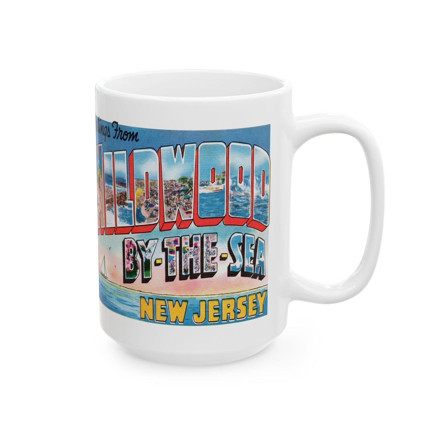 Memebly Scenic Vintage Sailboat Greetings from Wildwood by the Sea NJ New Jersey Coffee Mug