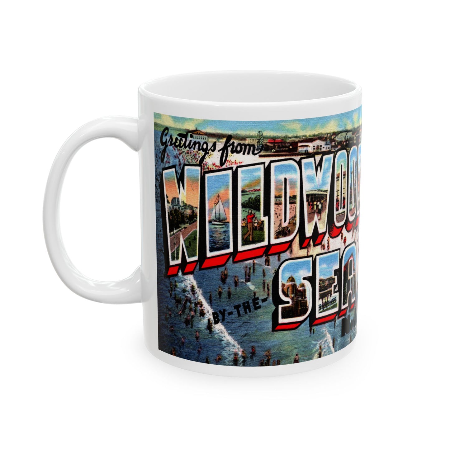 Memebly Scenic Vintage Beach Greetings from Wildwood by the Sea NJ New Jersey Coffee Mug