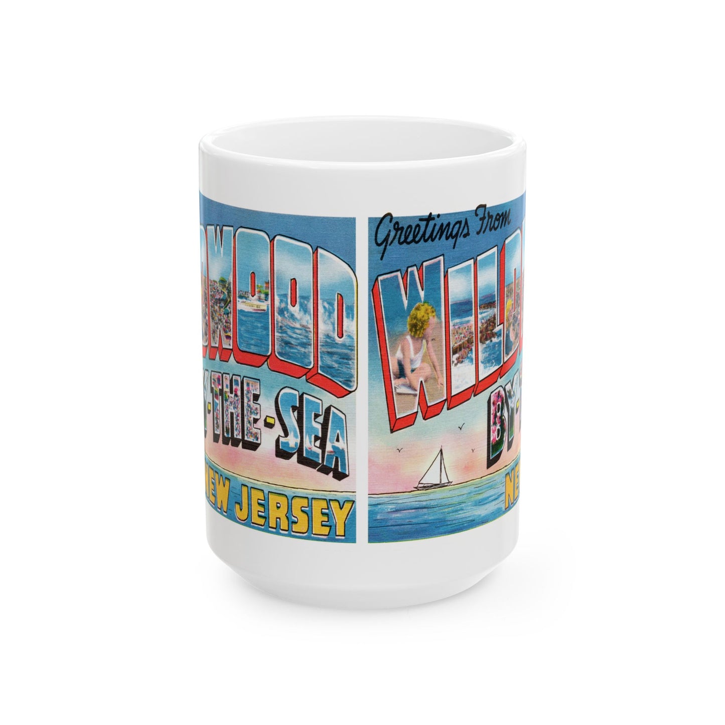 Memebly Scenic Vintage Sailboat Greetings from Wildwood by the Sea NJ New Jersey Coffee Mug