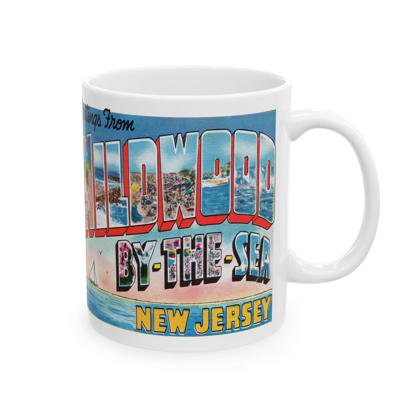 Memebly Scenic Vintage Sailboat Greetings from Wildwood by the Sea NJ New Jersey Coffee Mug