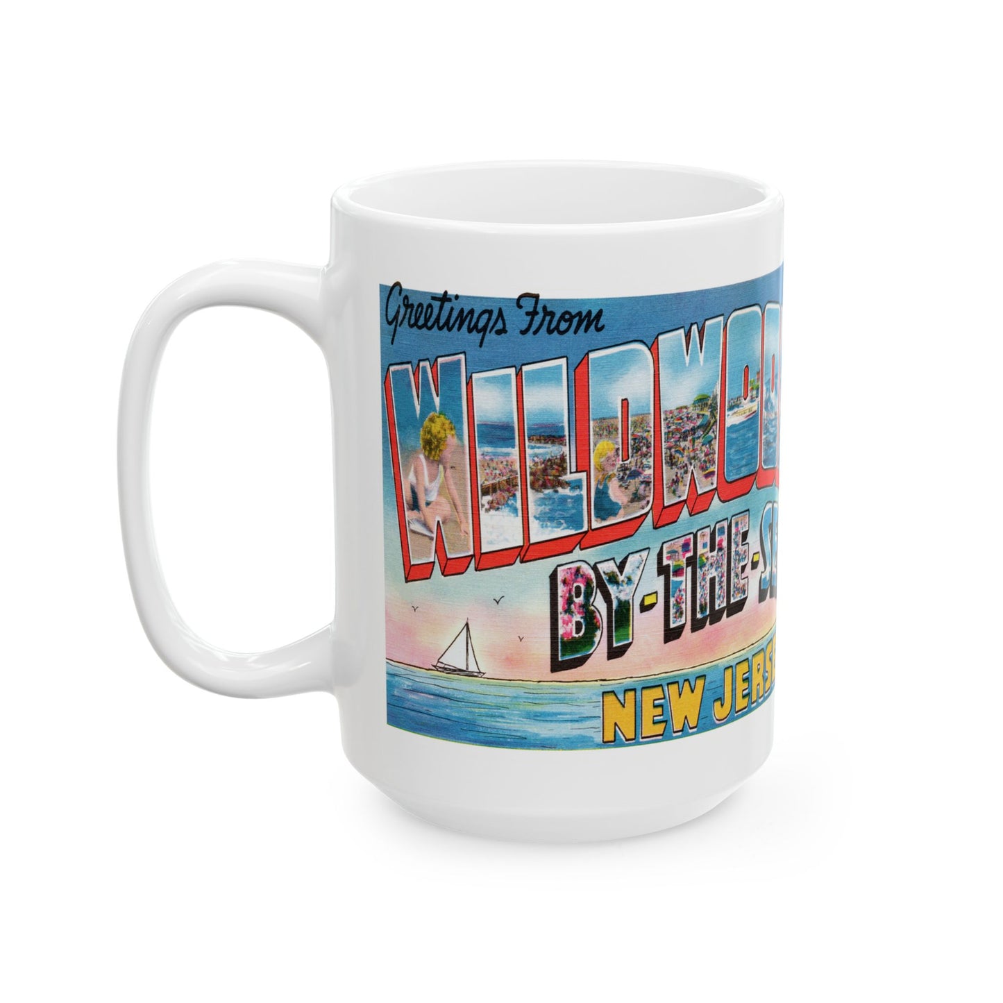 Memebly Scenic Vintage Sailboat Greetings from Wildwood by the Sea NJ New Jersey Coffee Mug