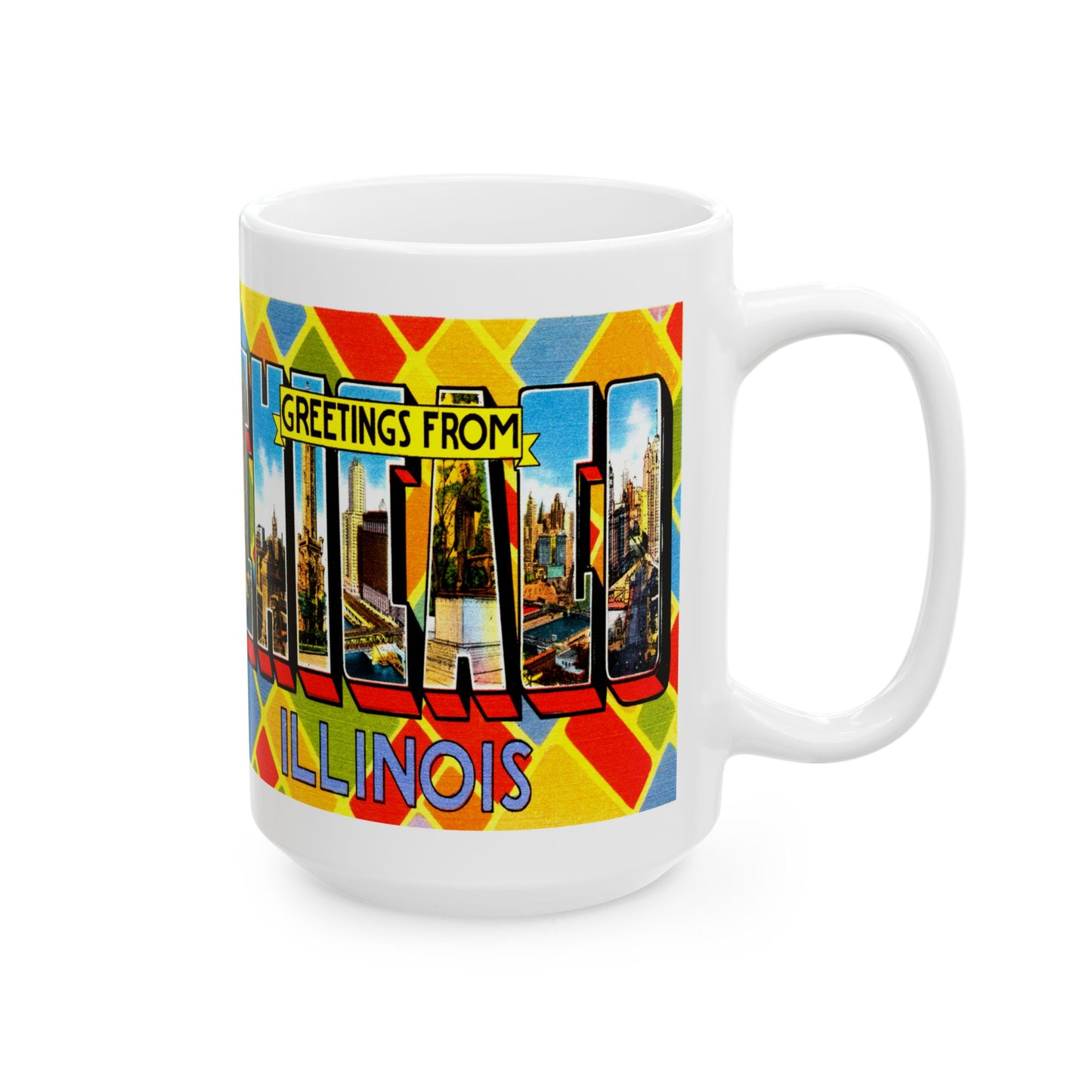 Memebly Colorful Scenic Greetings from Chicago IL Coffee Mug