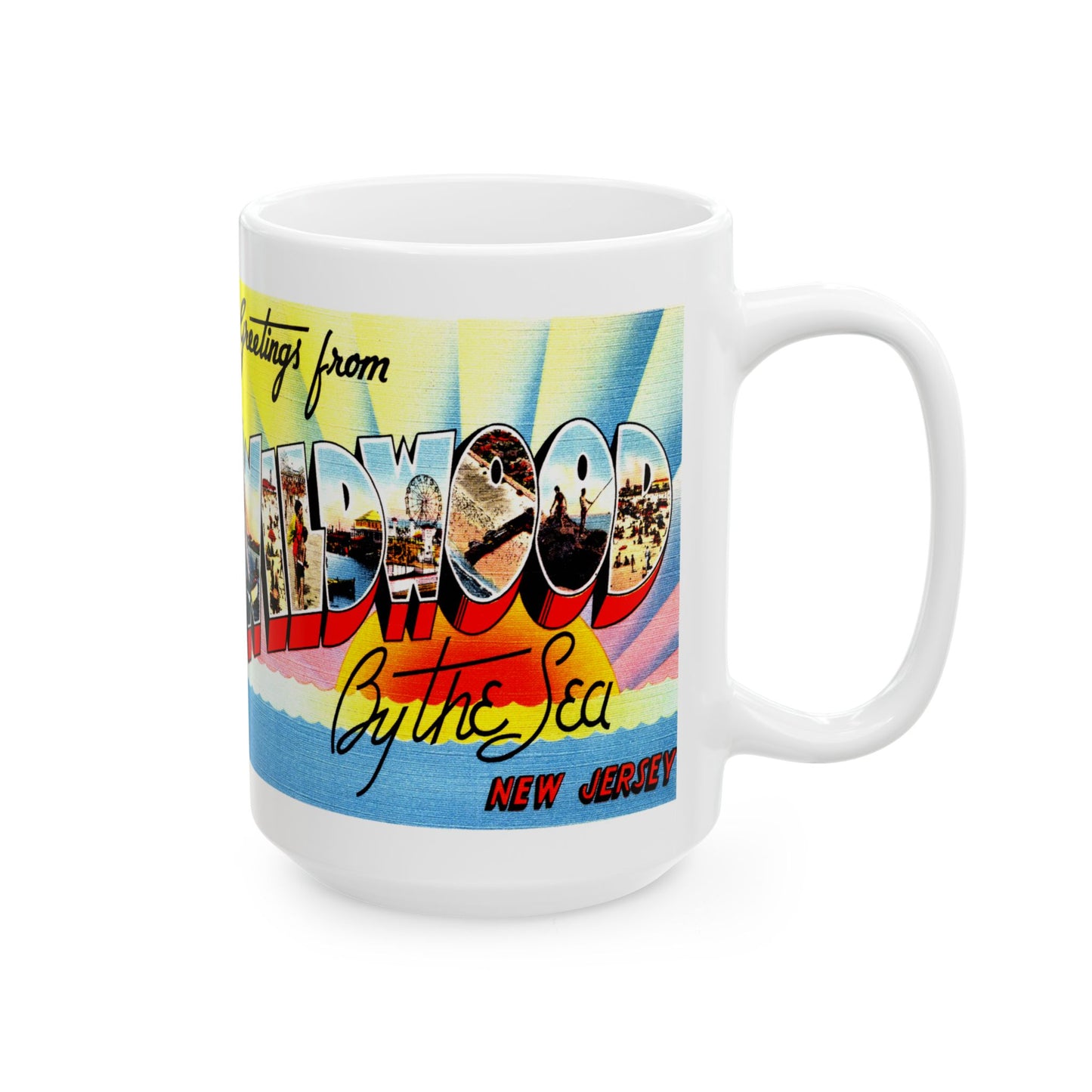 Memebly Colorful Retro Greetings from Wildwood by the Sea NJ New Jersey Coffee Mug