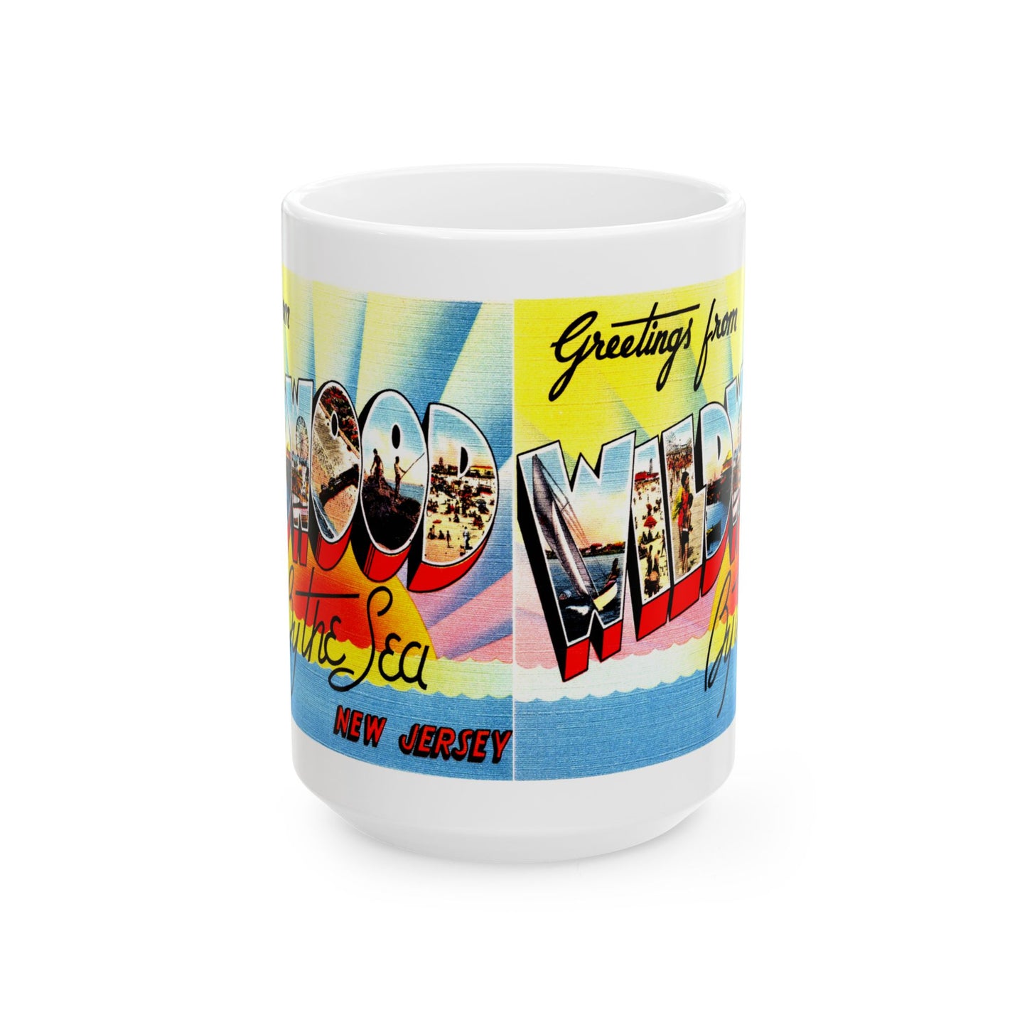 Memebly Colorful Retro Greetings from Wildwood by the Sea NJ New Jersey Coffee Mug