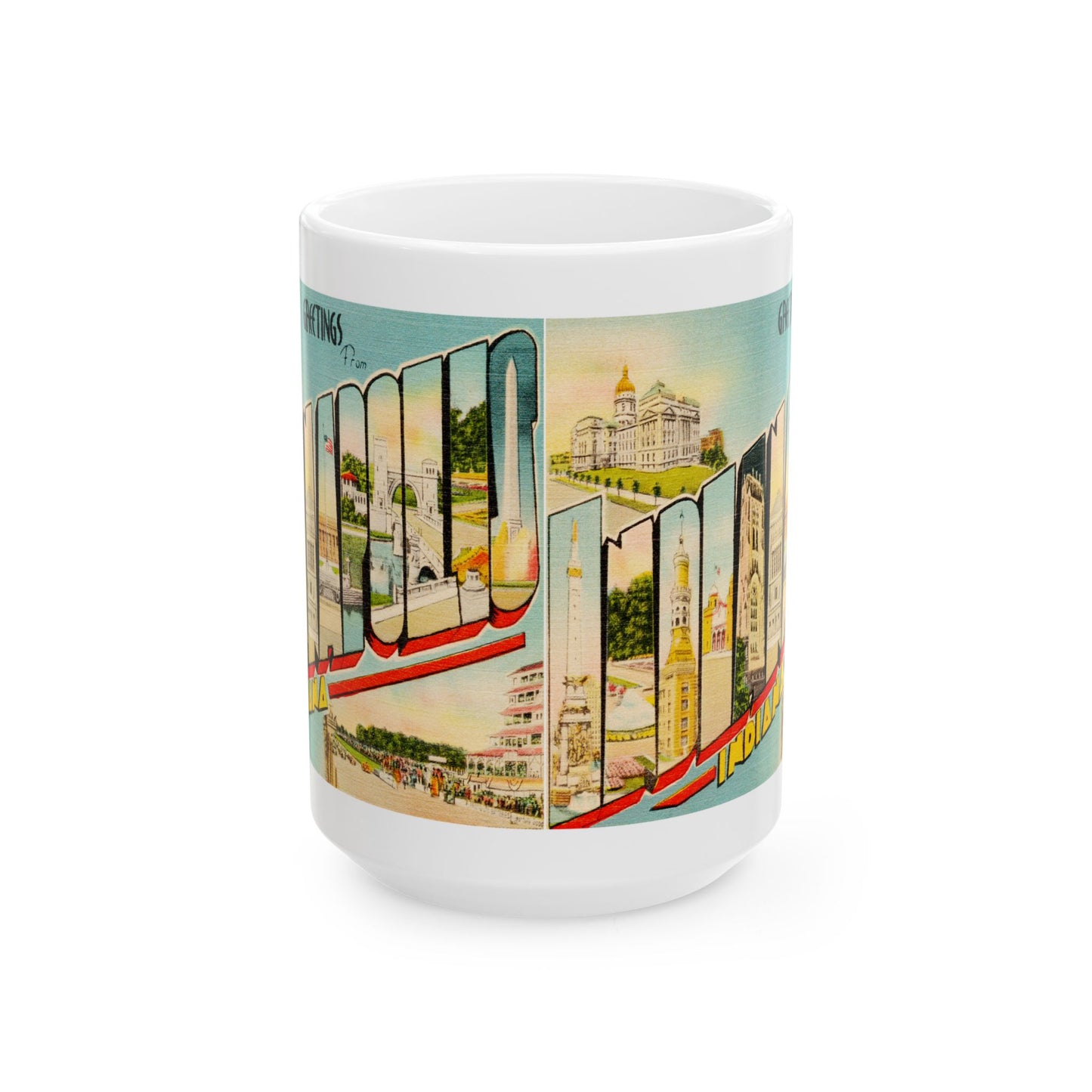 Memebly  Retro Buildings Greetings from Indianapolis IN Indiana Coffee Mug