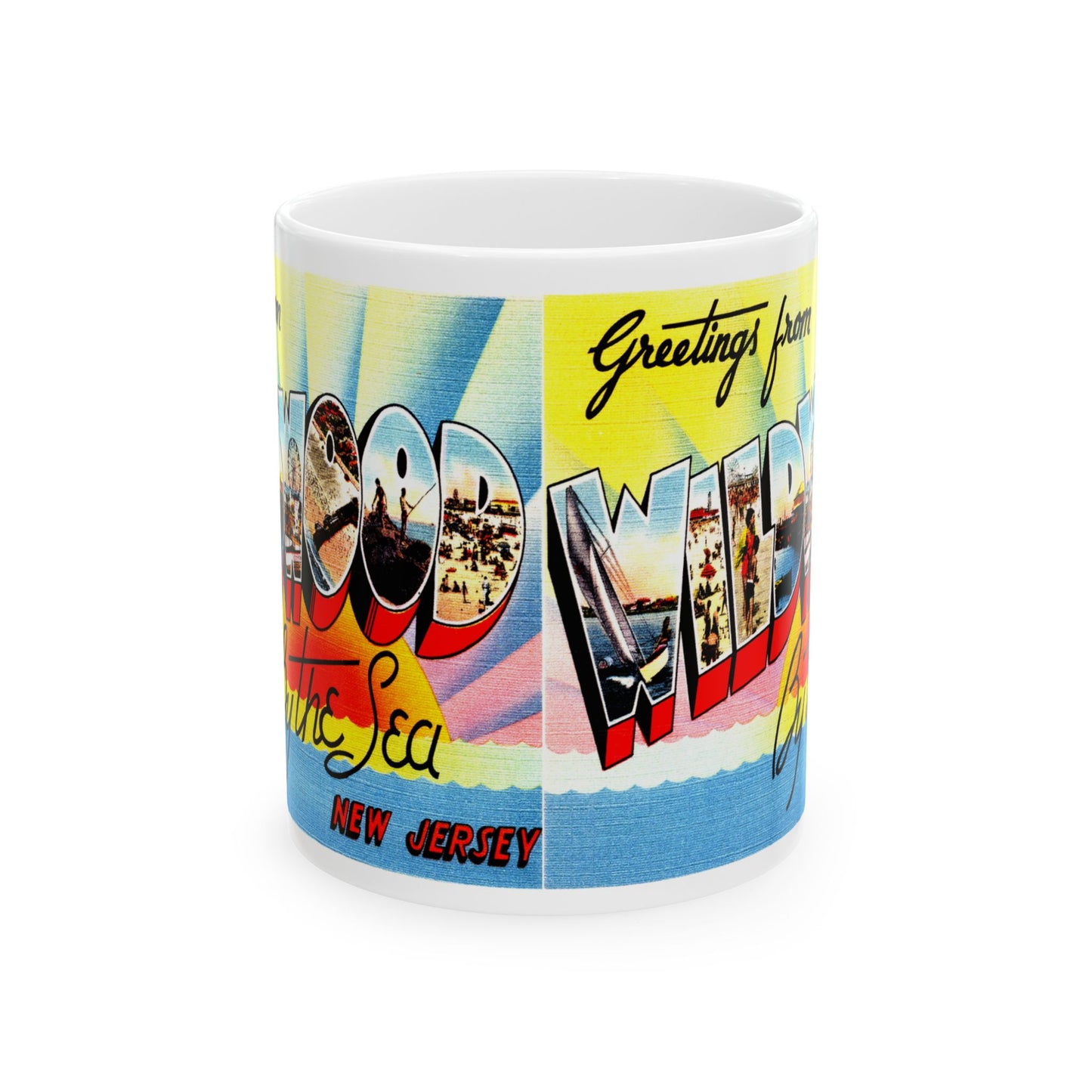 Memebly Colorful Retro Greetings from Wildwood by the Sea NJ New Jersey Coffee Mug